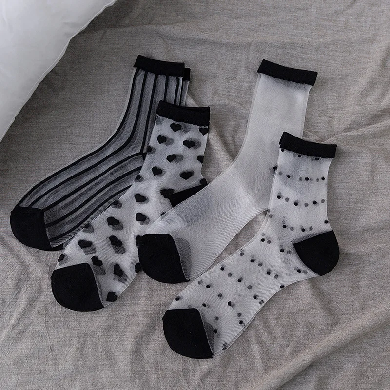 3pairs Transparent Glass Stockings Women's Medium Tube Socks Retro Polka Dot  Vertical Strip Spring and Summer Thin Short Socks