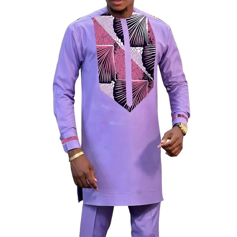 Traje de novio púrpura rosado para hombre, camisas de retazos con pantalones sólidos, moda nigeriana, trajes de boda africanos