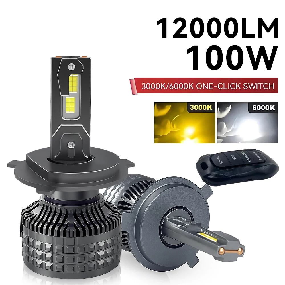 

100W H4 LED Headlights with H1 H7 H11 9005 9006 9012 6500K 4300K 3000K Three Color Remote Control for Car Headlights Lights