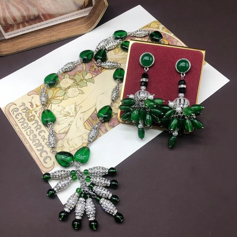 

New Chinese Design Sense Elegant and Versatile Green Glazed Beaded Necklace Long Shoulder Copper Earrings Versatile Suit Women