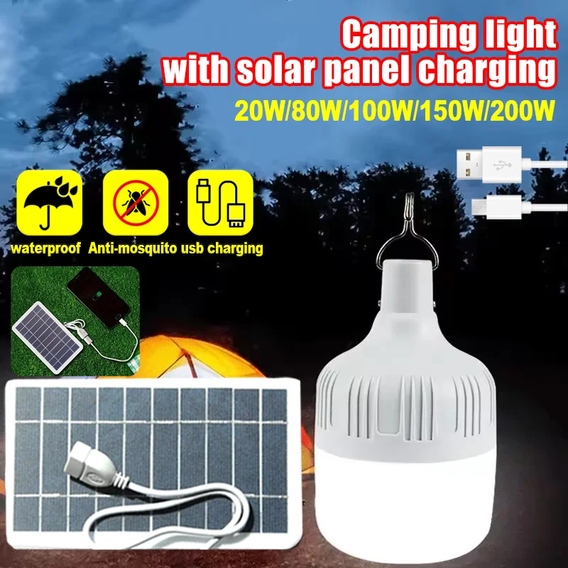 

Портативная светодиодная лампа с зарядкой через USB и крючком, высокая яркость, походная лампа с солнечной панелью для аварийных встреч на открытом воздухе