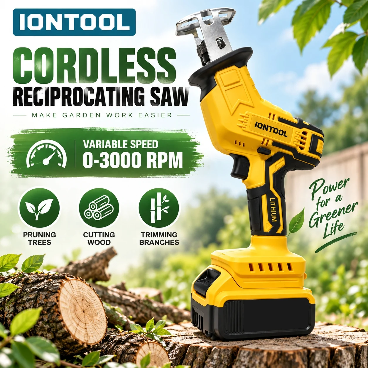 IONTOOL Yellow Cordless Reciprocating Saw 90W For Hedge Trimming and Shrub Cutting and Vine Trimming and Tree Branch Pruning