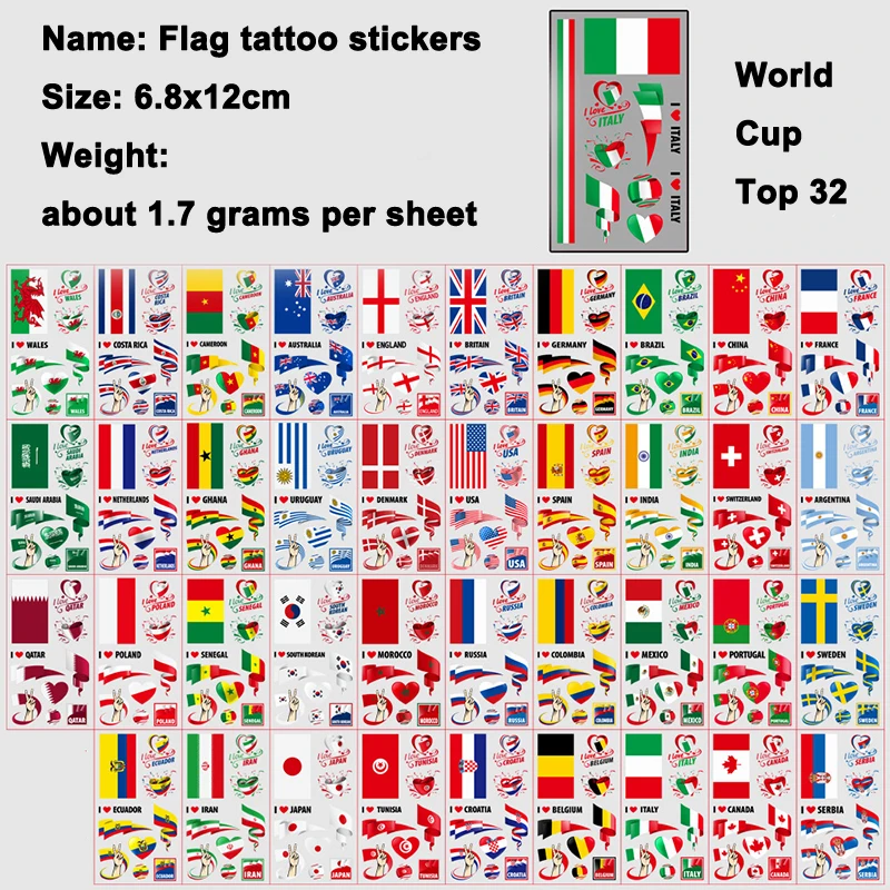 2PCS National Flag Tattoo Stickers world football Top 32 National Flag Marathon Games Fans Party Temporary Stickers