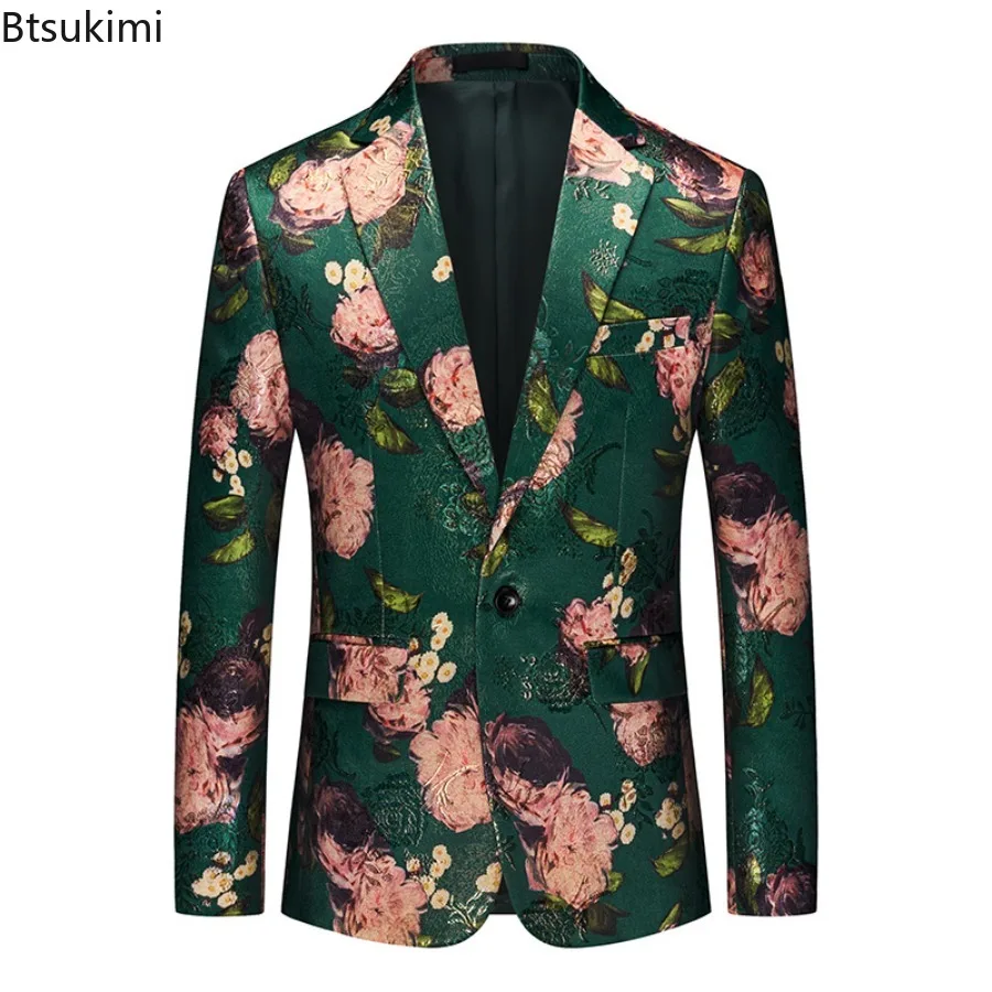 Oversized Single-breasted Printed Suit Jackets Men's Fashion Trim Dress Suit Coats Men Business Wedding Luxury Jacquard Blazers