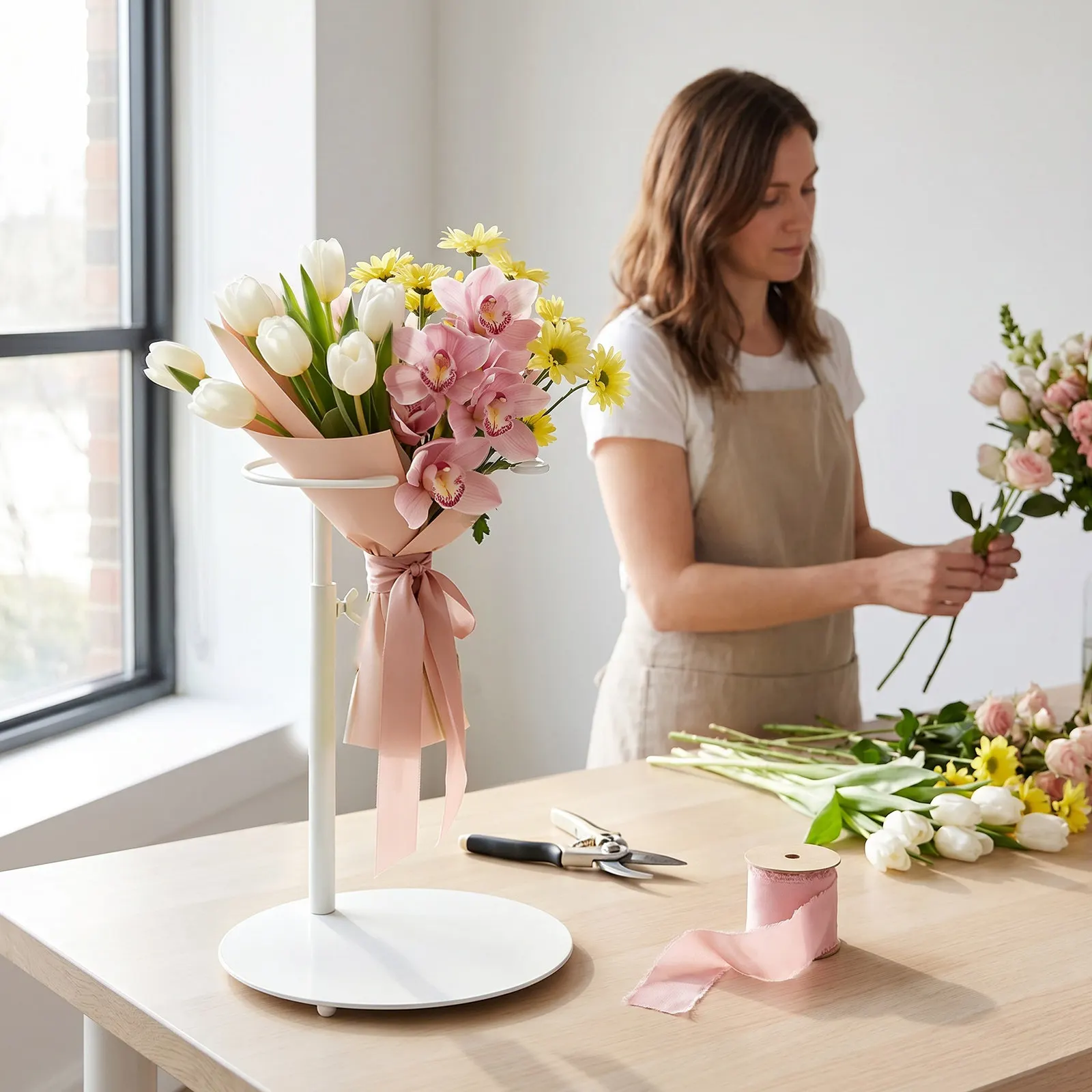 Support de Présentation de Fleurs en Fer Réglable, Support de Bouquet de Bureau Rotatif, Présentoir Circulaire pour Arrangements Floraux, Cadre de Support pour Bouquet