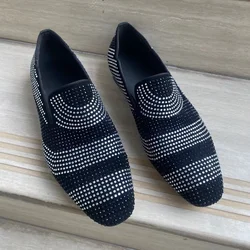 New Black And White Mixed Colors Men Rhinestone Loafers Suede Leather Shoes Italian Dress Shoes Flats Crystal Shoes Men Slip On