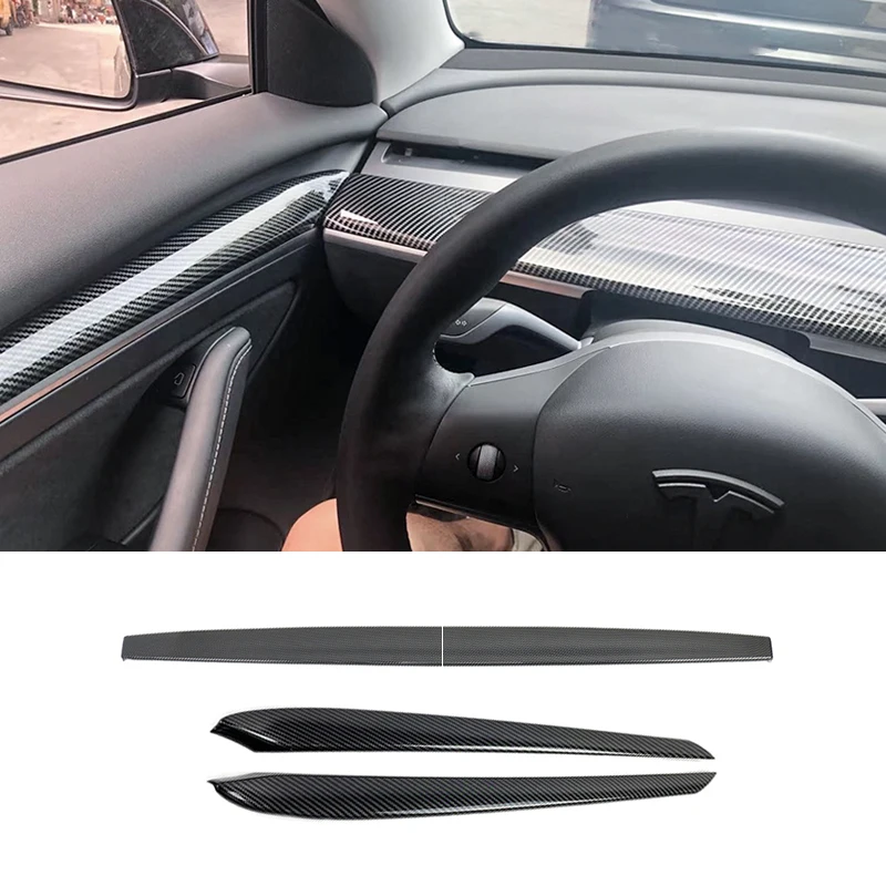 Center Console Trim Decor Cover For Tesla Model 3 Y 21-23 Dashboard Panel Wrap Door Side ABS Carbon Fiber Strip Style Mouldings