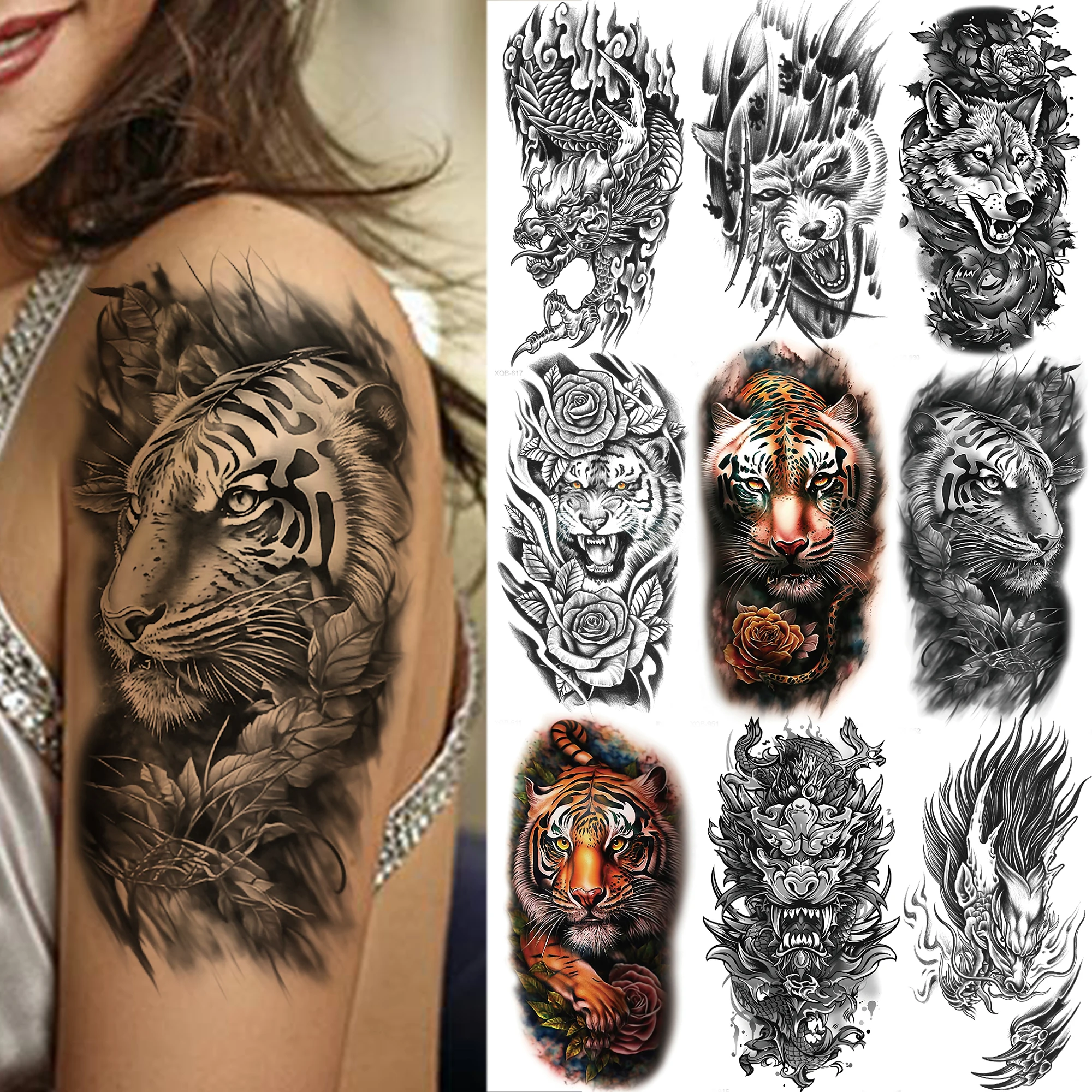 

1 Sheet Demon Tiger Dragon Devil Wolf Temporary Tattoos For Men Women Adults Forearm Leg Arm Fake Tattoo Sticker Transferable