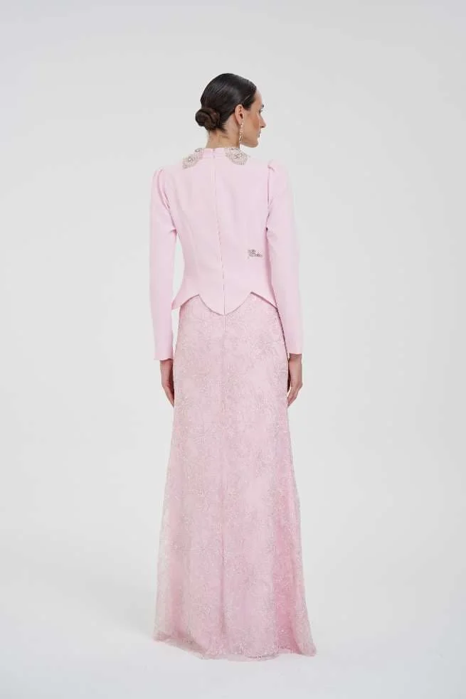 Customized Pink Mermaid Long Crepe Evening Dress Lace Applique Beaded Collar High Neck Long Sleeve Formal Wedding Party Dresses