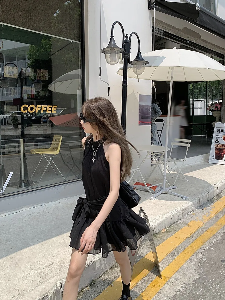 French sle Hanging Neck Sleeveless Blue One piece Dress Women clothing Summer Design Sense Bow Lace-up A- line Skirt Black ...