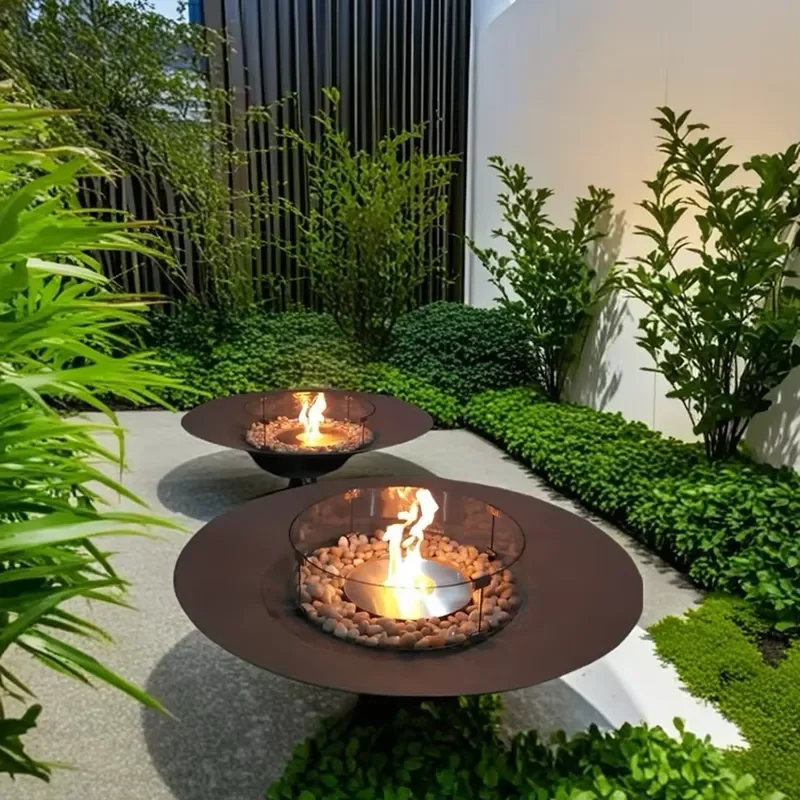 Modern Round Freestanding Steel Fire Pit Bioethanol Tabletop Fireplace for Indoor & Outdoor Use
