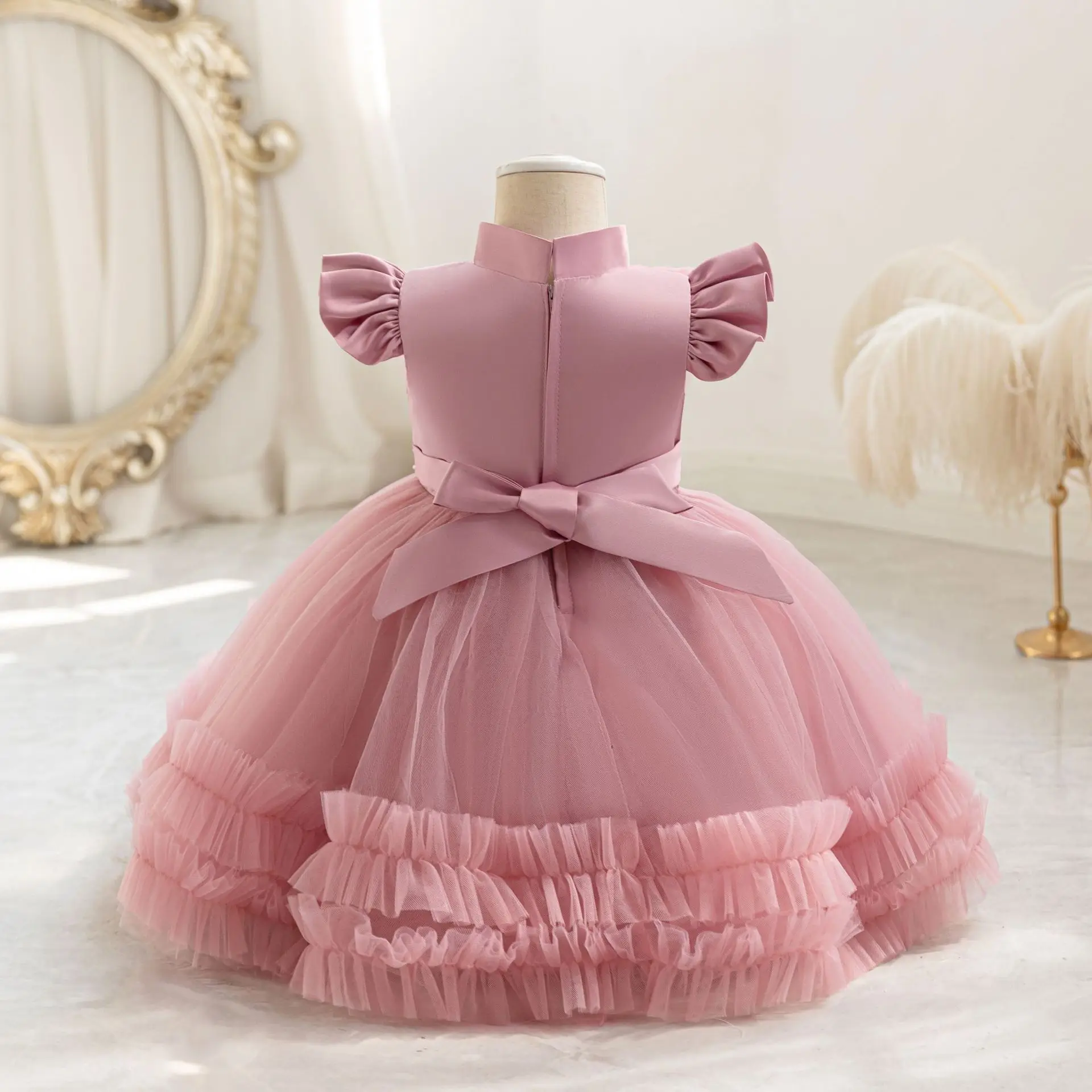 Toddler Girls Ruffle Sleeves Beaded Tulle Princess Dress For Children Wedding Birthday Party Communion Elegant Baby Baptism Gown