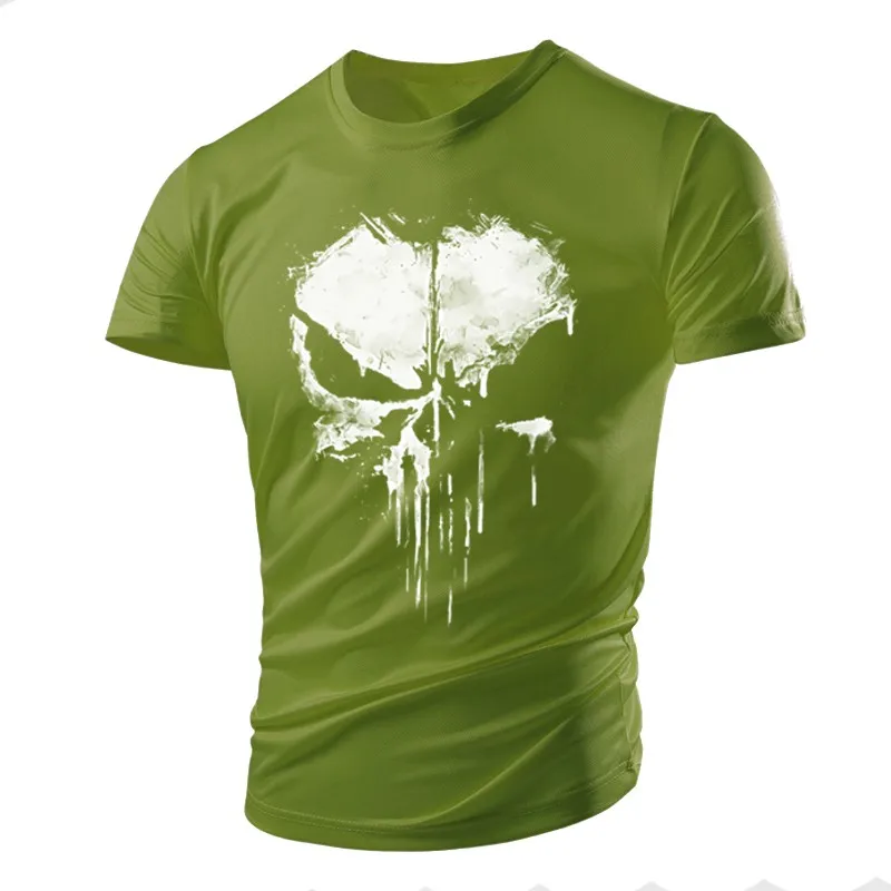 New Handsome Skull Pattern Muscular Men T-shirt Sports Tough Guy Style Summer Outdoor Light Breathable Comfortable Elastic