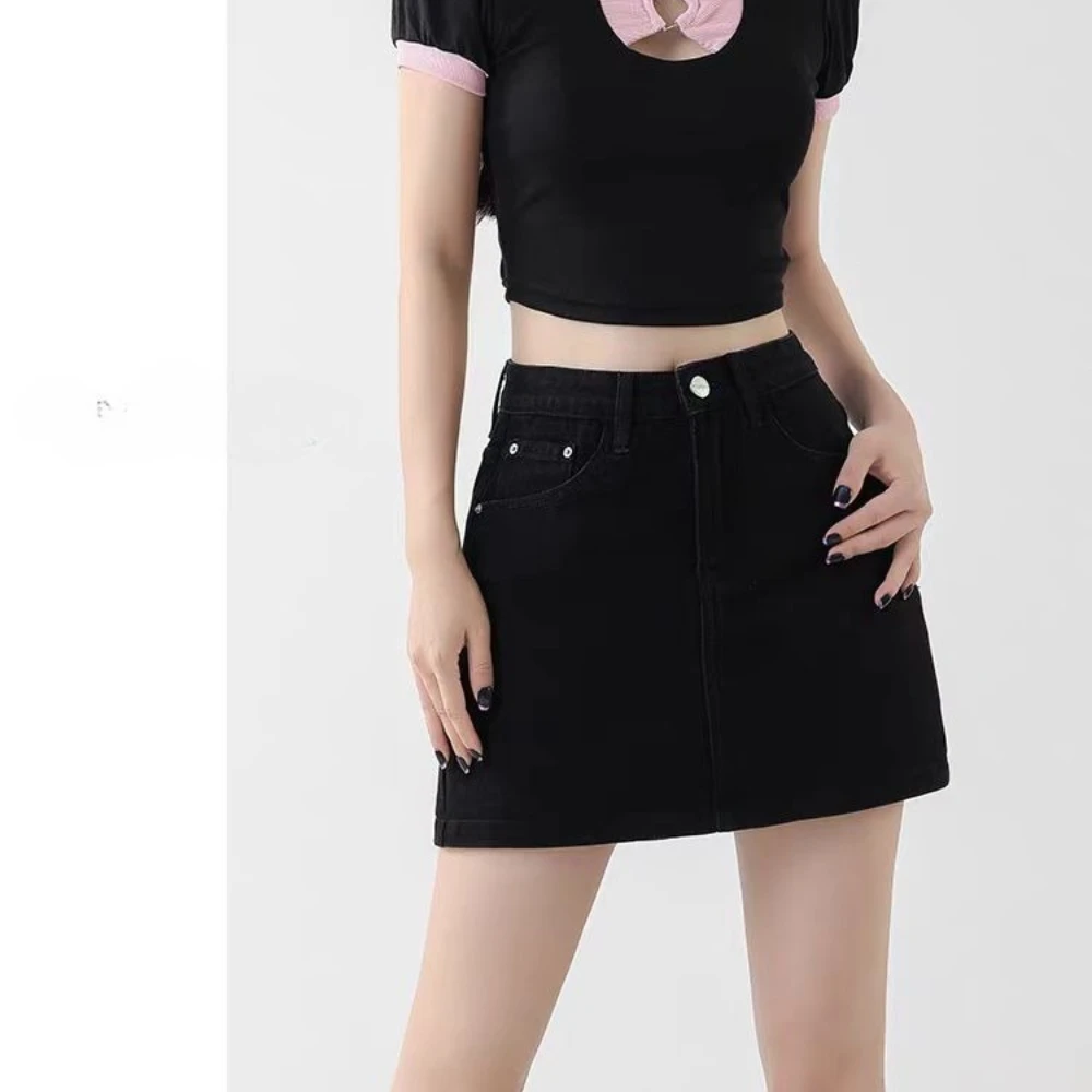 

4 colors 2025 Y2K High Waist A-lined Cotton Denim Skirt American Retro Women Package Hips Short Skater Skirts With Shorts lining