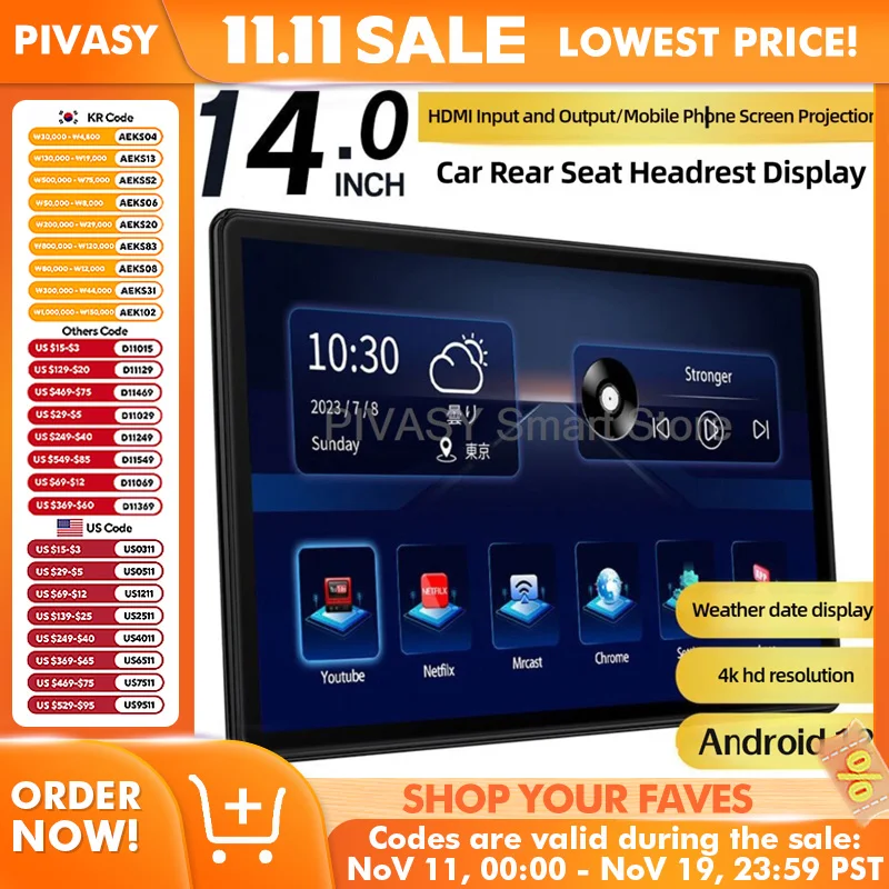 14インチ車のヘッドレストモニターディスプレイIPS Android 2G + 32G HDタッチスクリーンWIFI車後部座席映画ミュージックビデオプレーヤーポータブルミニテレビ