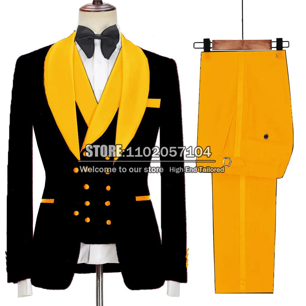 

Tailor-Made Black Jacket Gold Lapel Pants Design Latest Wedding Tuxedo Slim Fit Groom Wear Smoking Blazer Set Formal Party Coat