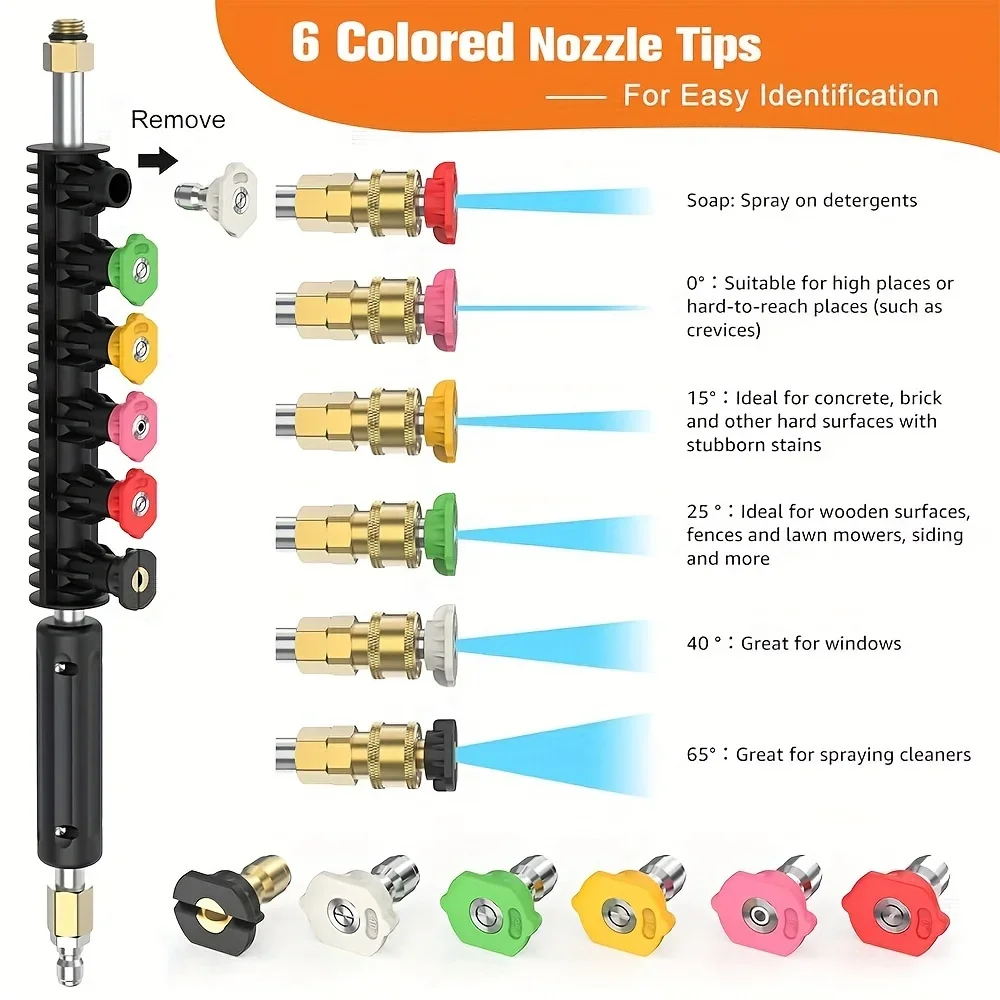 10 Pcs/set High Pressure Washer Extension, Quick Connect Power Washer Lance with 6 Nozzle Heads, Ditch Cleaning Benders