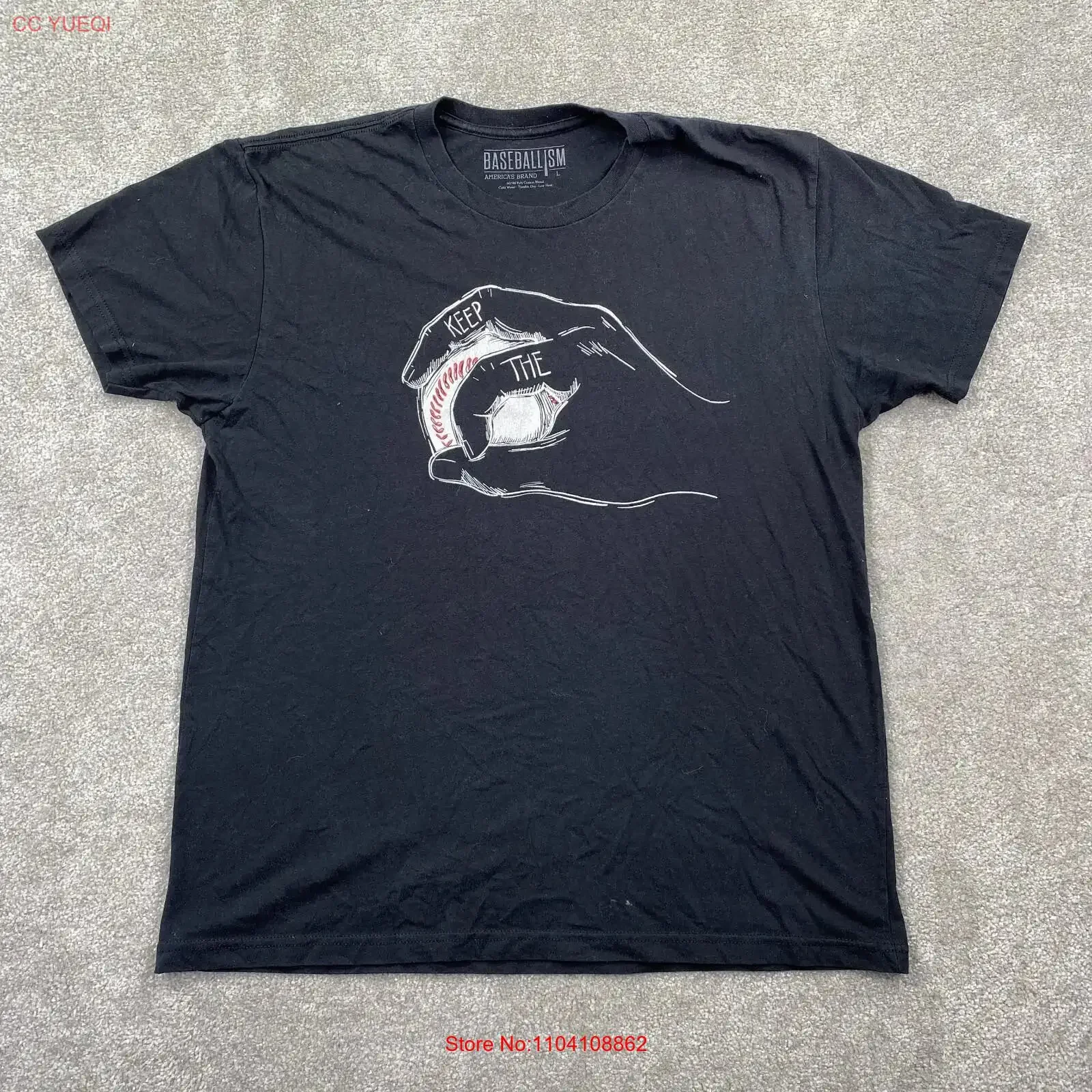 Camiseta de Cuello Redondo Marca Baseballism Americana para Hombre, Talla L, Negra, Estilo Vintage Lavado, Ropa de Diseñador, Cómoda y Suave