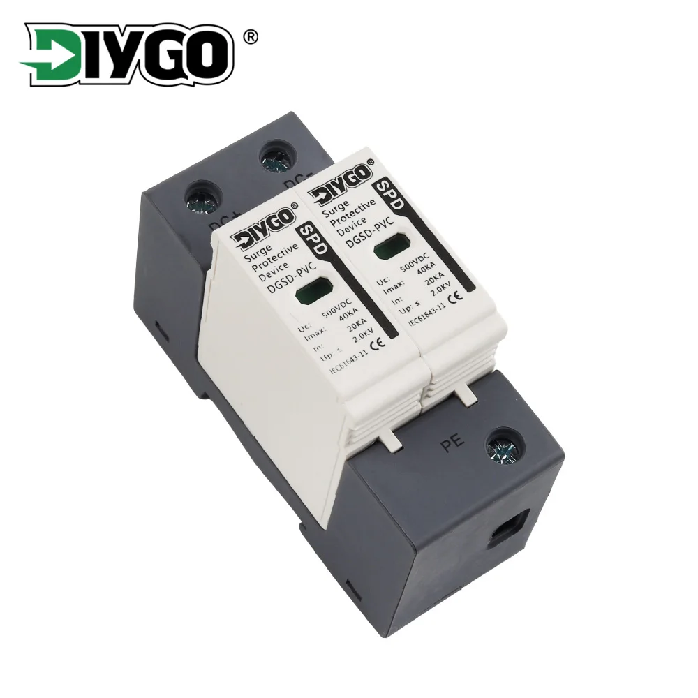 

2P SPD DC 500V/600V/800V/1000V 20KA~40KA House Surge Protector Protective Din Rail Solar Outdoor Power Protection