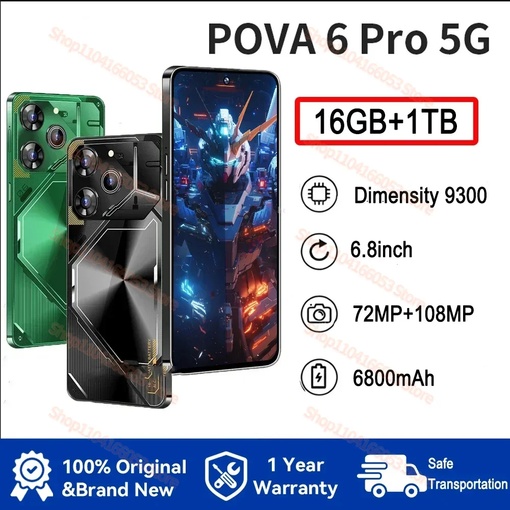 

Mobile Phones Global Version 2024 Pova 6 pro 5g Smartphone Original 6.8Inch HD 16G+1T 108MP Camera 6800mAh Battery Cellphones