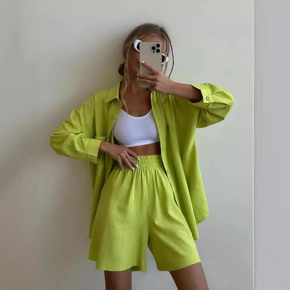 Solid Casual Loose Short Pants Sets For Women 2024 Elegant Summer Women's Two Pieces Suit Full Set Female Outfit Clothes Suits