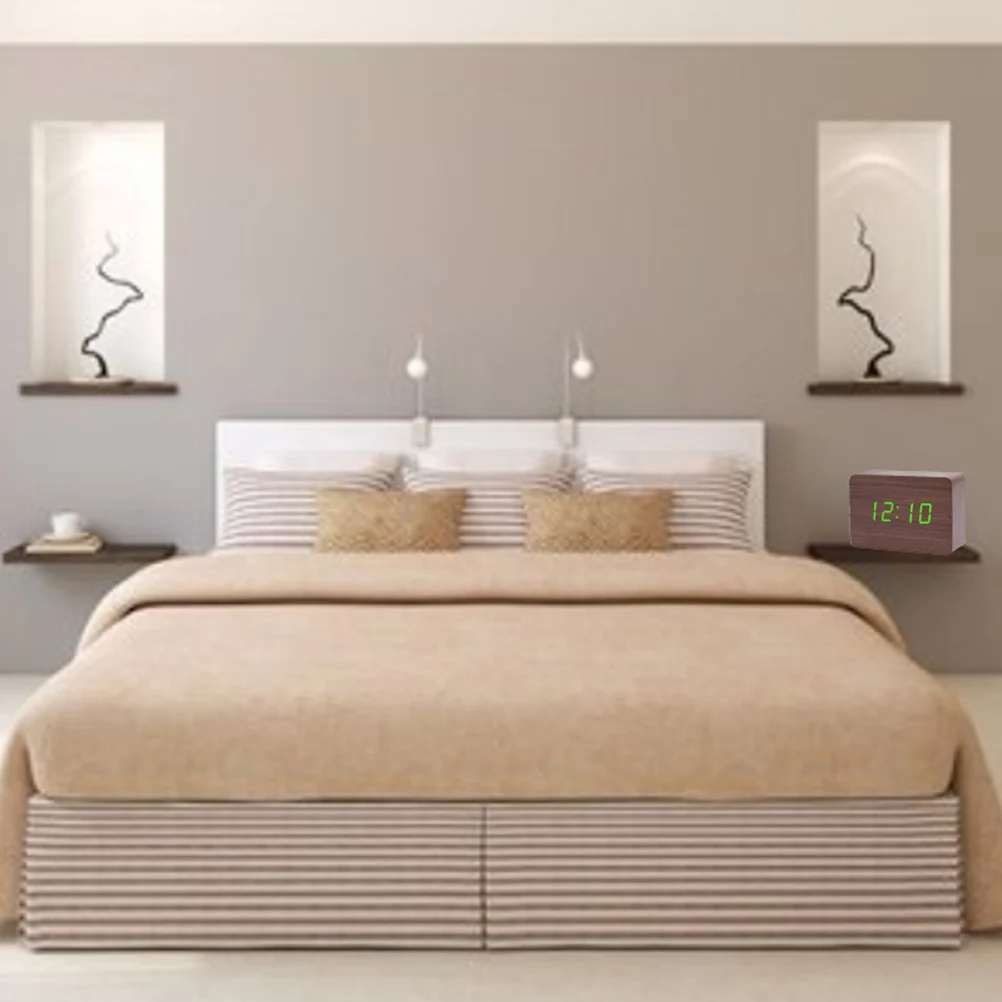 

Voice Control Led Wooden Clock Large Digital Display Temperature Function Wood Desk Alarm For Home Office Brown