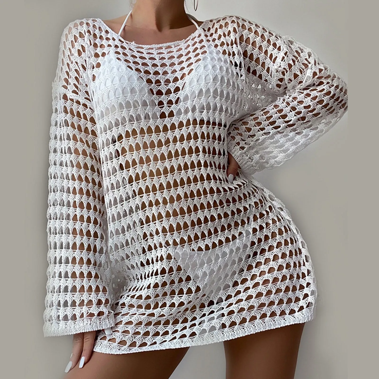 Female Sexy Knitted Hollow Out Pullover Round Neck Long Sleeve Bikini Swimwear Cover Up Long Beach Cover up Dresses for Women