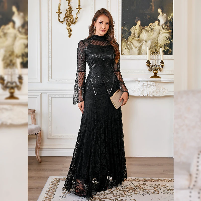 

2025 New Black Lace Mermaid Elegant Evening Dress for Women High Neck Long Sleeve Sequins Party Dresses Prom Gowns Wedding