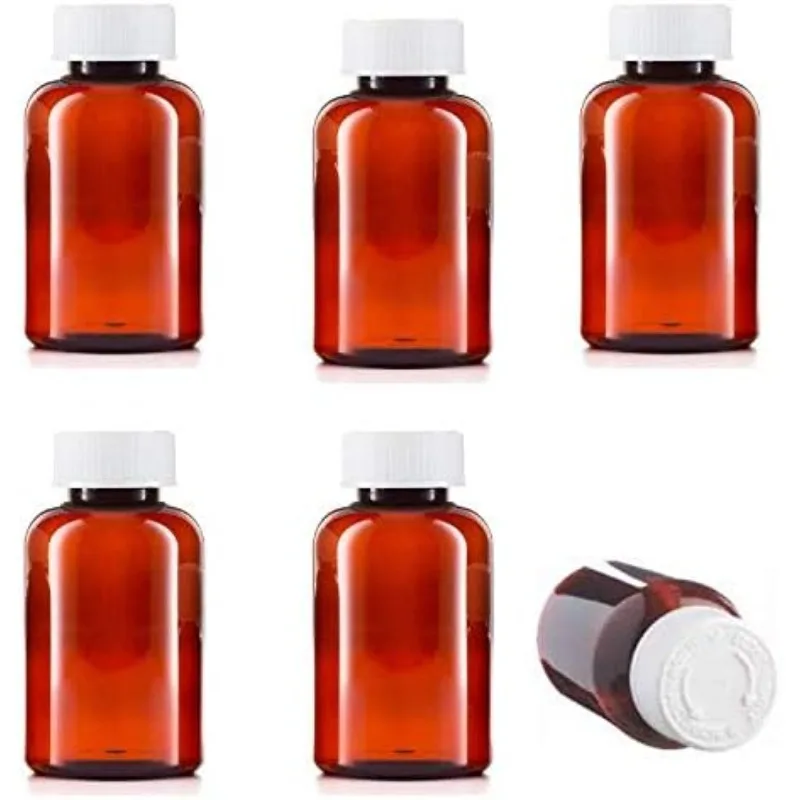 6 X 100ml Pill Pots and Lids, Empty Plastic Medicine Amber Bottles,Strong Reusable Medicine Storage Pots（brown）