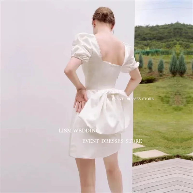 LISM Simple Satin Mini Short A-Line Korea Cocktail Dresses Photo Shoot Puff Sleeves Square Collar Wedding Prom Dress Custom Made