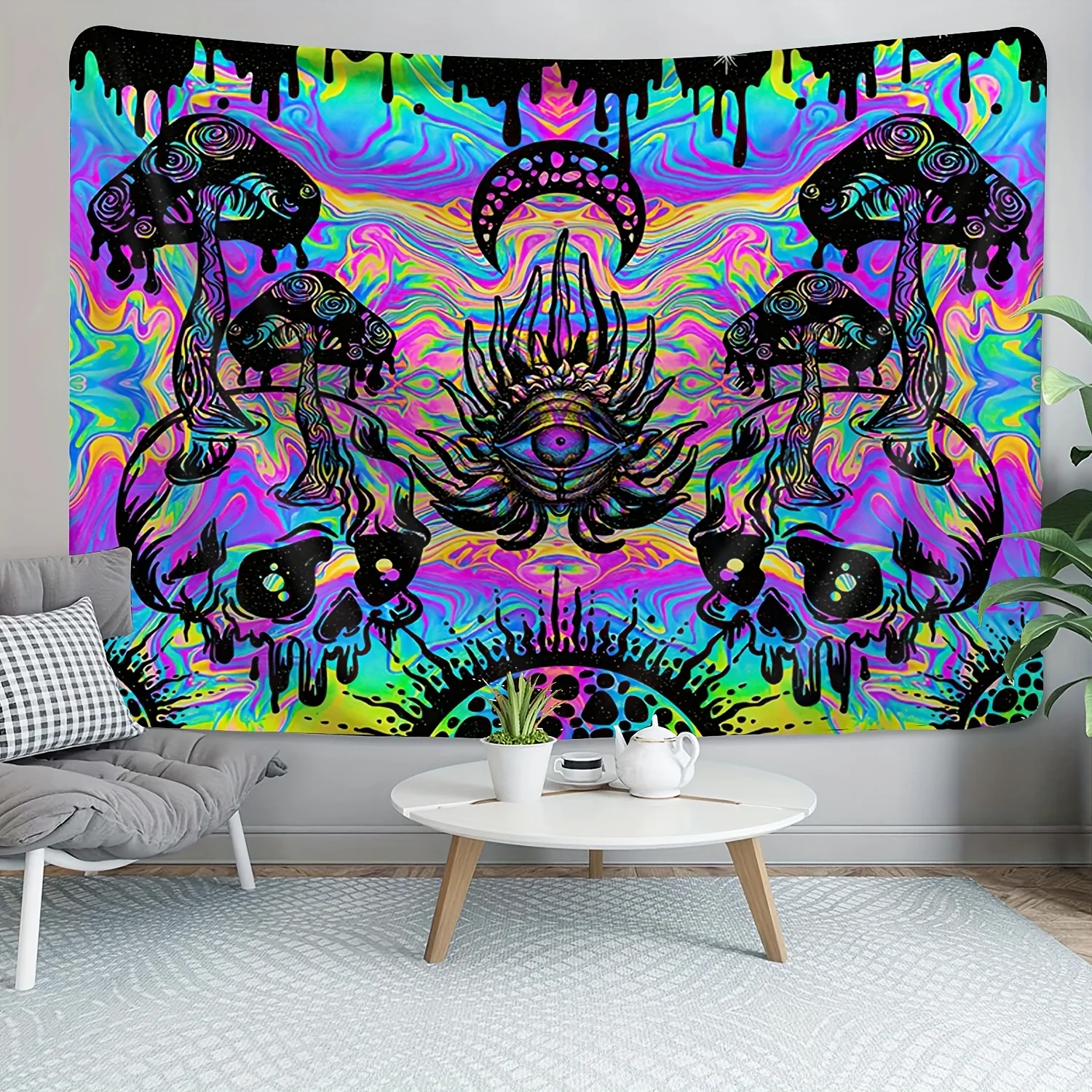 VIKAMA Psychedelic Skull Mushroom Tapestry All-Seeing Eye Neon Gradient Music Party Room Theme Trendy Room Decor