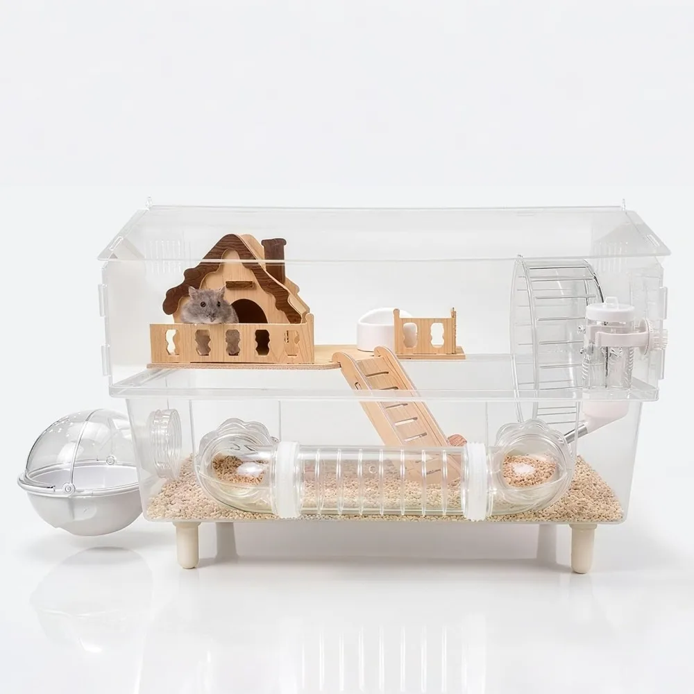 

Acrylic Hamster Cage, Dwarf Hamster Cage, Mouse Cage, Gerbil Cage - All-in-One Hamster Habitat with 18cm Silent Wheel, Tub
