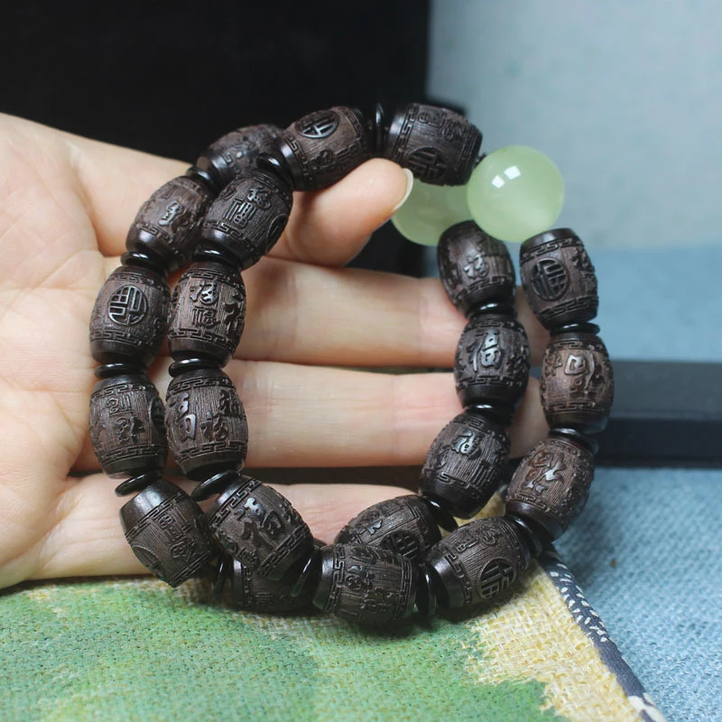 

Ebony bracelet with engraved "Fu" character and luminous stone spacers, unisex bracelet, live streaming supply
