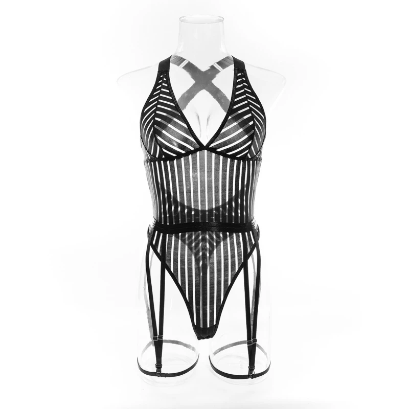 Bikini sexy Lingerie Costume intero con cuciture a righe Reggiseno sexy push up trasparente senza schienale