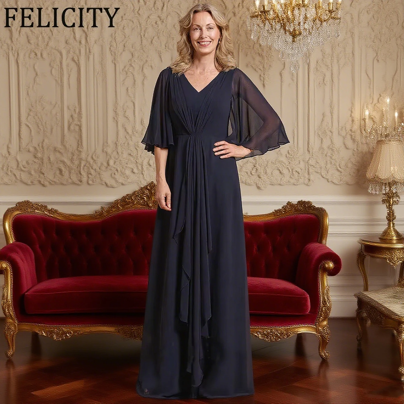 

FELICITY Customized Simple Chiffon Mother of the Bride Dresses A-Line V-Neck Wedding Guest Party Dress Pleat Long Evening Gowns