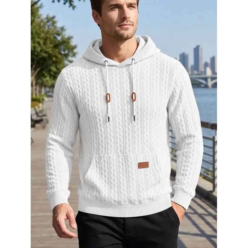 Men'S Knitted Hooded Sweatshirt With Sleeve Pocket Leather Label Drawstring Sports Pullover Casual Daily Wear view 4