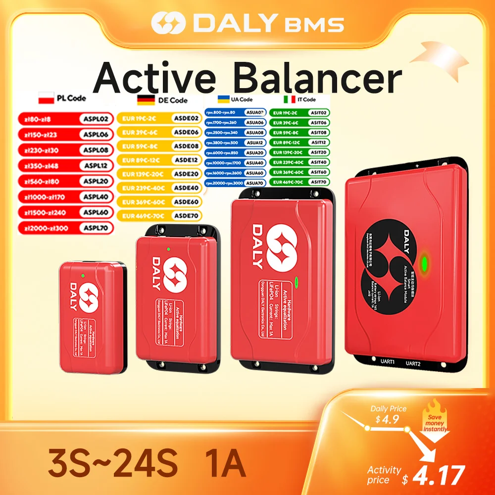 Daly smart active balancer lifepo4 bms aktiver equalizer 4s balance ador de bateria 24v last balance board bluetooth 1a strom