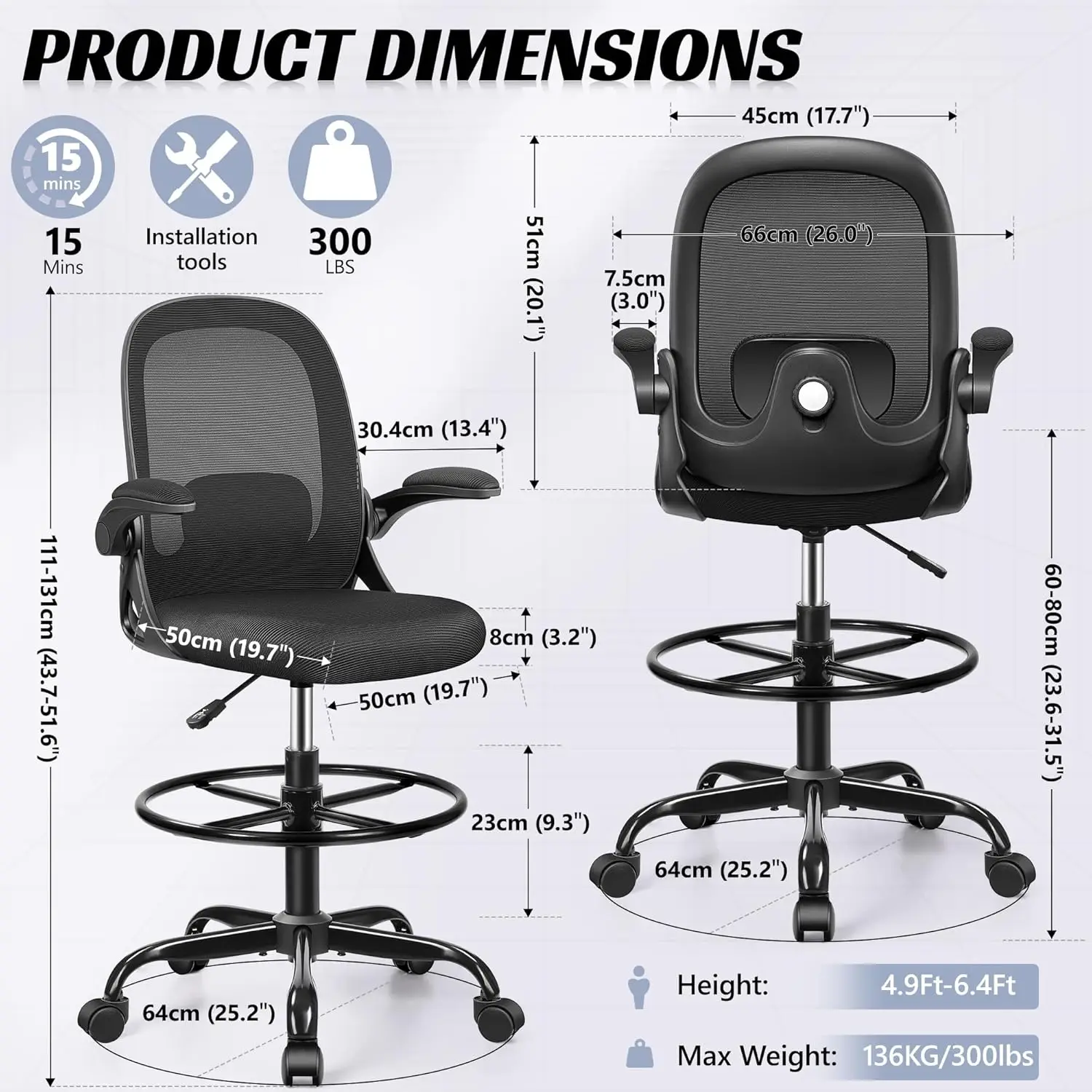 Drafting Chair, Tall Office Chair Ergonomic Standing Desk Chair,With Adjustable Footrest Ring, 3D Lumbar Support, Flip-Up