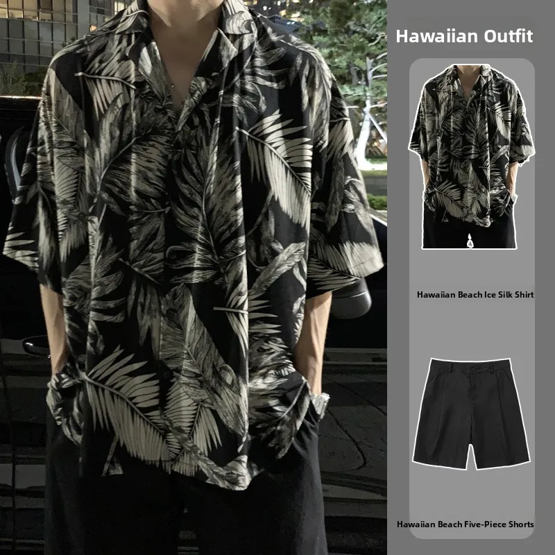 

Мужская летняя повседневная рубашка свободного кроя из ледяного шелка с цветочным принтом в гавайском стиле, с воротником-стойкой, для пляжа и отдыха