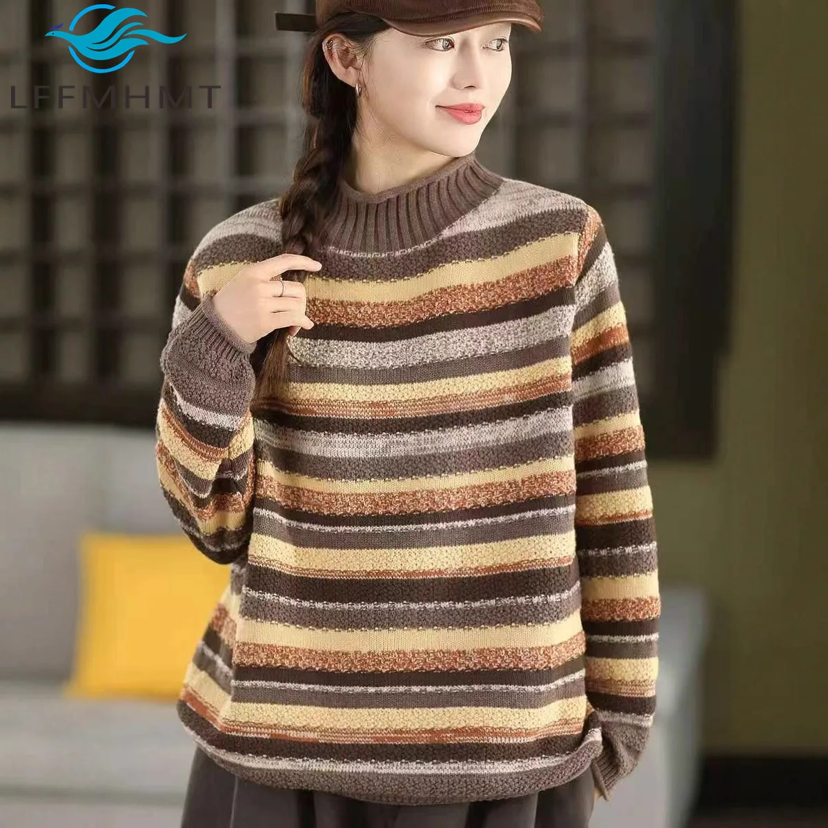 

Осень-зима ретро цветной полосатый хлопковый вязаный свитер женский модный эстетический винтажный полосатый полувысокий воротник трикотаж