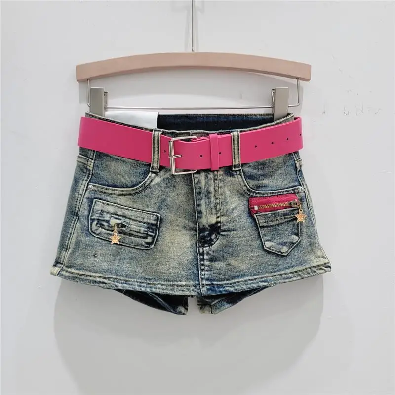 

European American Style Hot Girls Retro Sexy Low Waist Bag Hip Short Denim Skirt Women Summer Y2K Mini Culottes With Belt s617