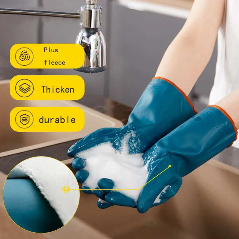 1 pair Fleece-Lined Waterproof Warm Dishwashing Gloves Extra Thick and Durable Rubber Kitchen Household Cleaning Female