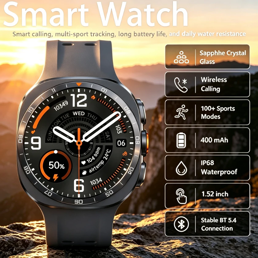 2026 W9 Men Smart Watch Multi Sport Modes Fitness Tracking Bluetooth Calling 400mAh Large Battery SOS Outdoor Compass Smartwatch
