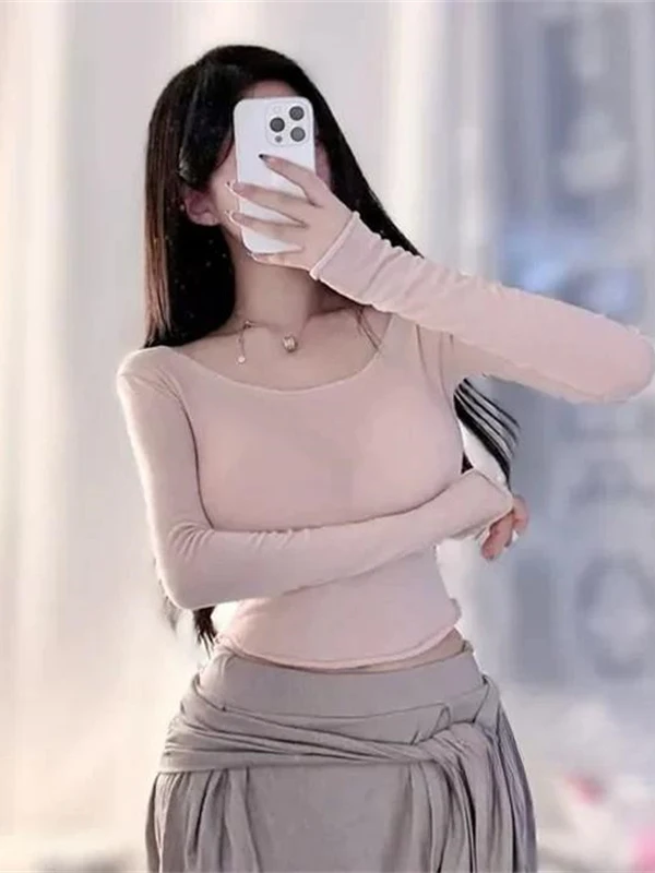 Korean Style Pure Desire Sexy U-Neck Skin-Friendly Short Sleeve Long Sleeve T-Shirt Women's Top Breathable Comfortable Fit