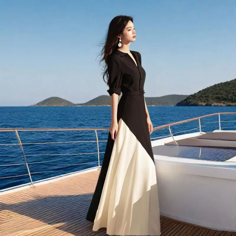 Kobiety Wiosna Jesień Prostota Biuro Pani Kontrastowe kolory Kołnierzyk polo Długa sukienka Moda damska Trend na wszystkie mecze Spódnica trapezowa