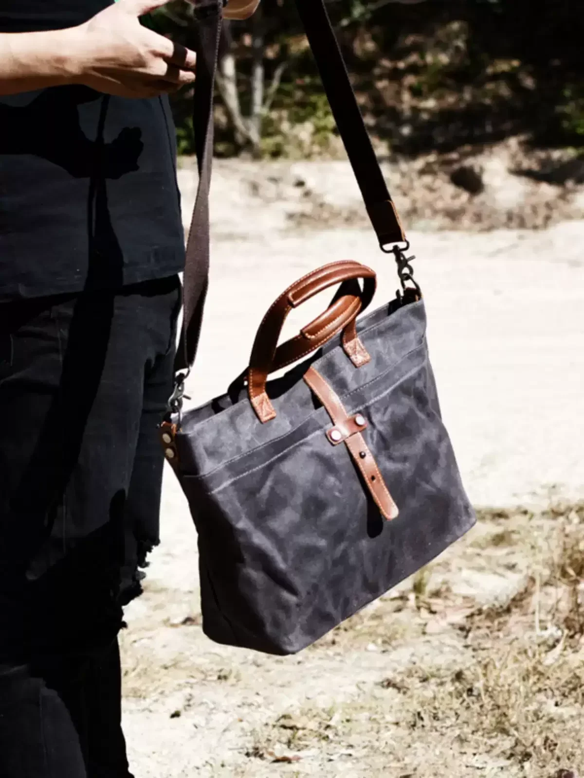 

European Style Waxed Canvas Tote Bag Leather Handles Office Commute Laptop Bag