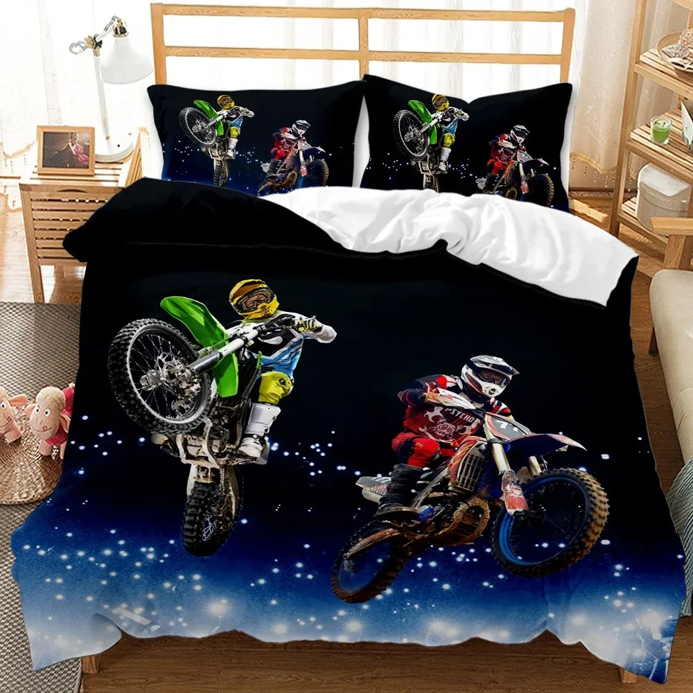 

Motocross Rider Bedding Set Extreme Sports Theme Duvet Cover Teens Motorcycle Comforter Cover Dirt Bike Polyester Quilt Cover