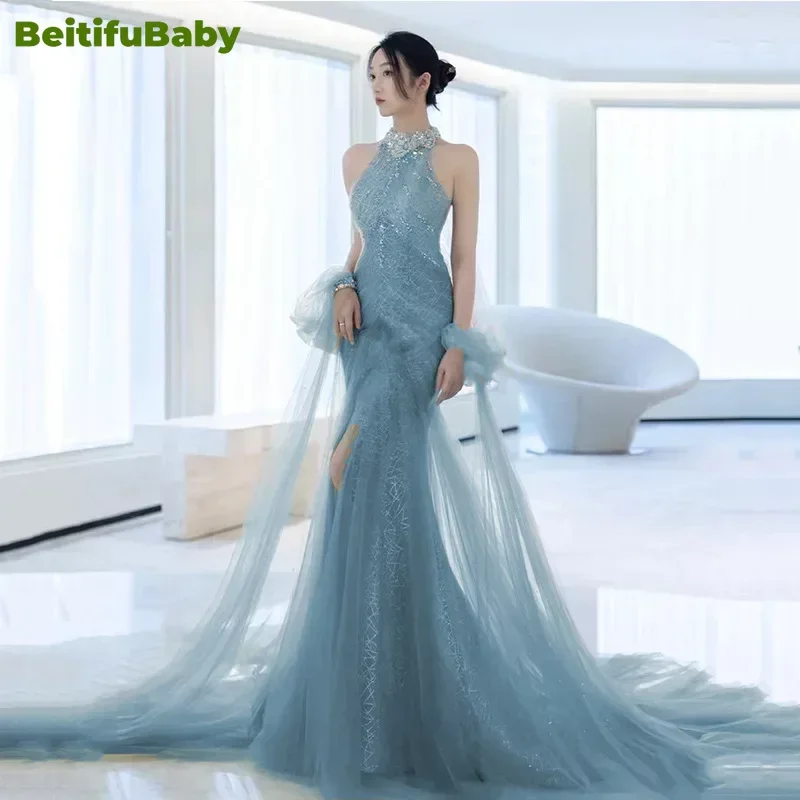 

BeitifuBaby Prom Dresses for Women 2024 Sleeveless Pearl Halter Dubai Banquet Gown Elegant Women's Evening Party Dress Vestidos