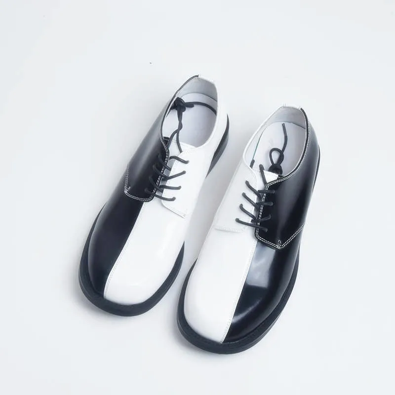 Europe Men Spring Autumn Formal Shoes Loose Fitting Round Toe Genuine Leather Shoes Unique Black White Color Matching Shoe OA021