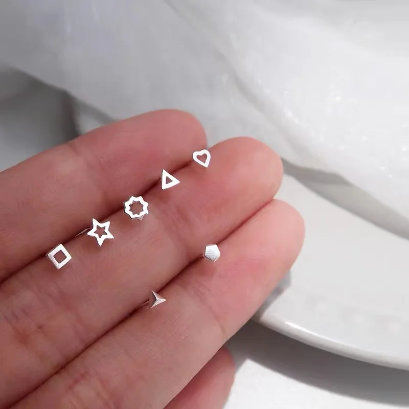 Minimalism Silver Plated Copper Stud Earrings Cute Little Heart Star  Earrings for Schoolgirls Women Hollow Pierced Ear Jewelry